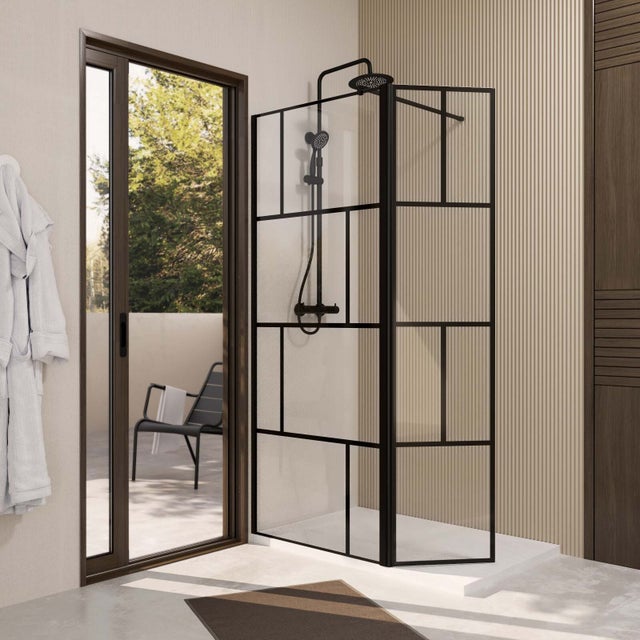 Paroi de Douche avec Volet Pivotant 80+40x195cm - Verre 8mm Anticalcaire - Motifs et Profilés Noir