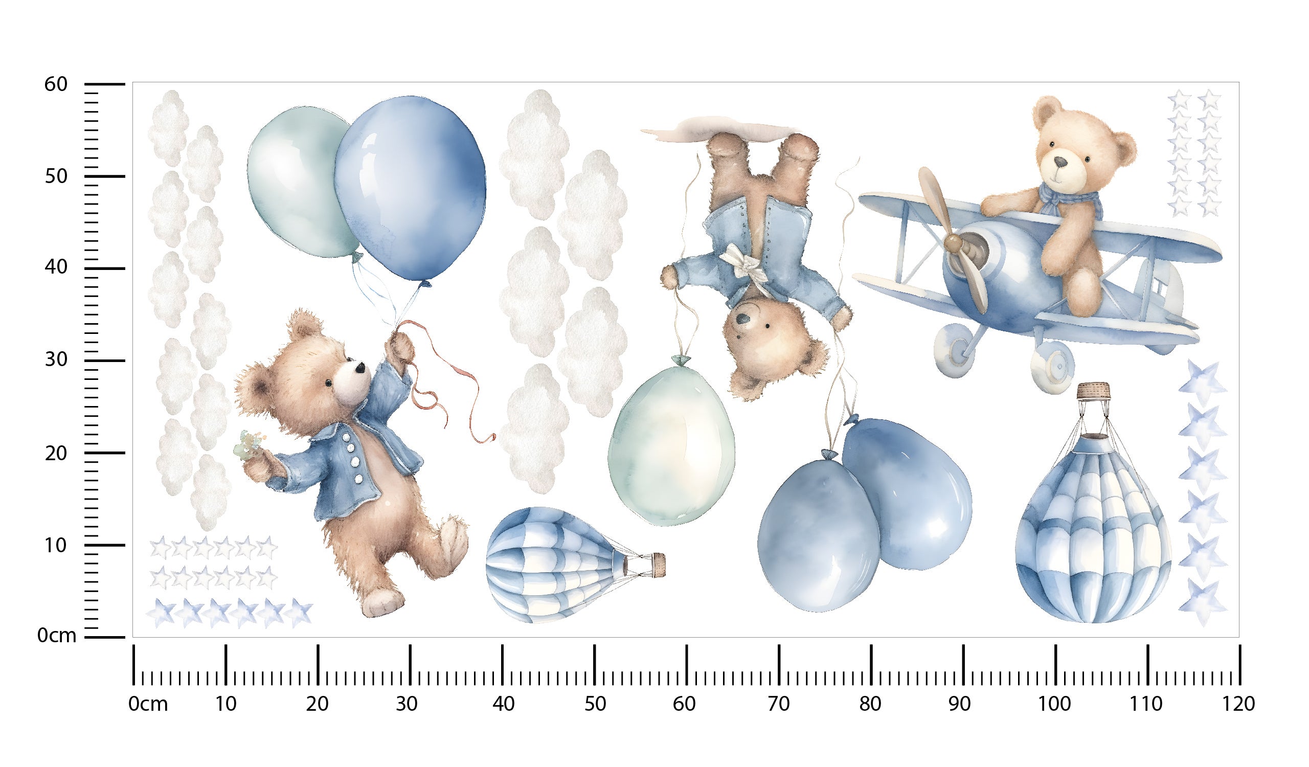 Autocollant OURS Adorables Ballons Bleus Animaux en Peluche Style Moderne Pour La Chambre 120cm x 60cm - 2