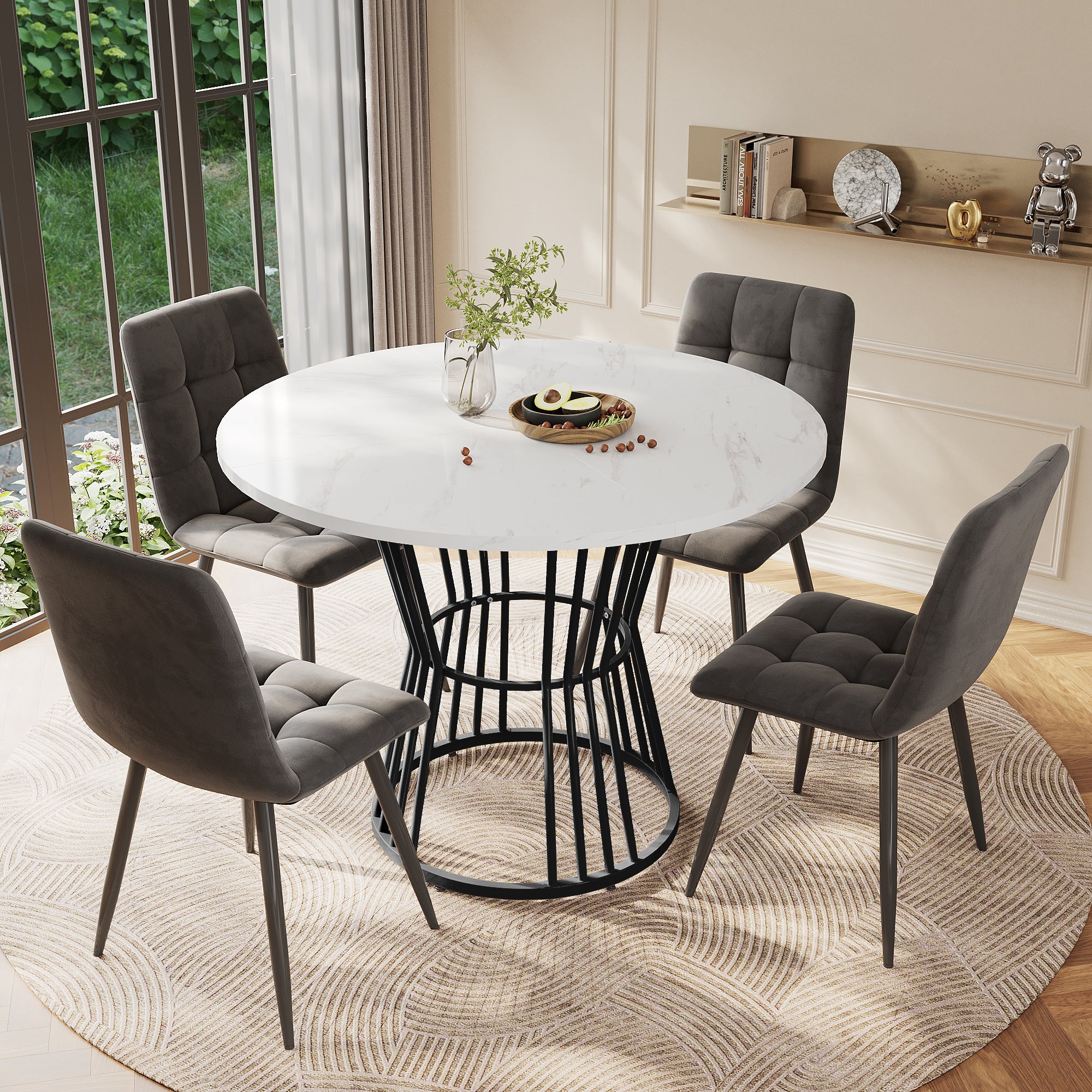 Okrągły stół jadalny dla 4-6 osób - śr. 100 x wys. 75 cm - drewno MDF i metal - wzór marmuru - biały + czarny