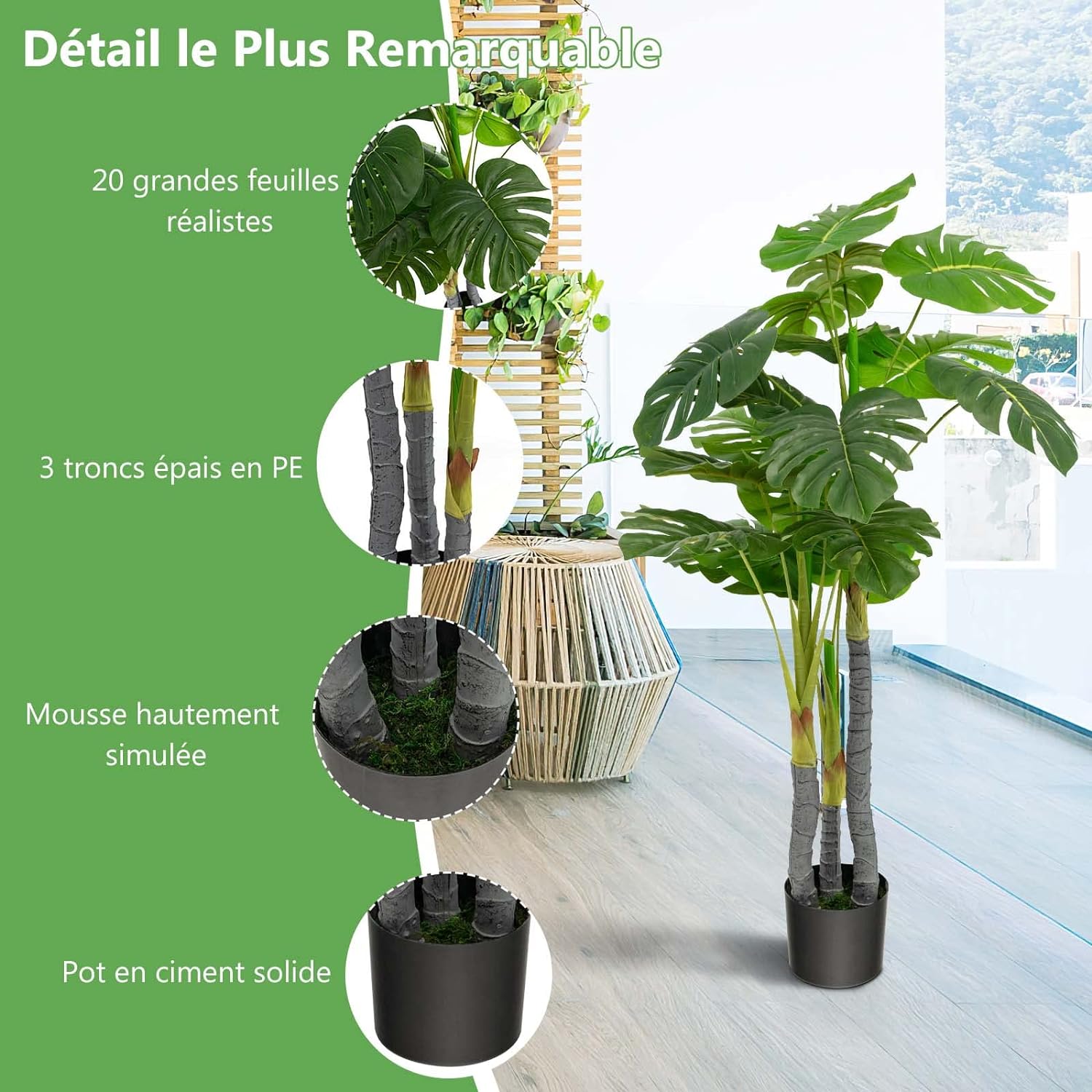 Pianta Finta 120 cm, Albero di Filodendro Artificiale con Foglie in Plastica PE, 3 Rami e 20 Foglie e Supporto in Cemento, Ideale per Casa, Uf - 2