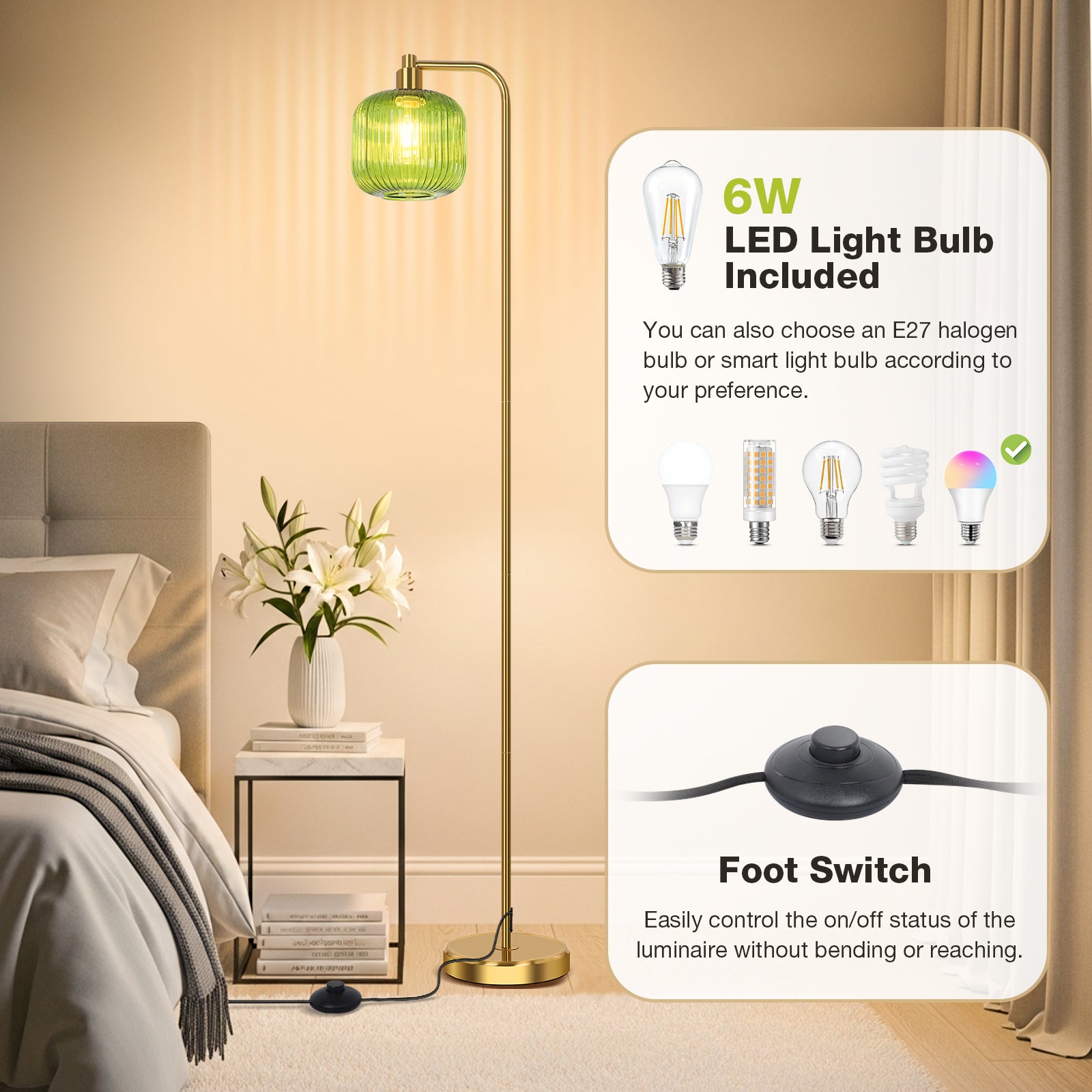 Lampadaire moderne en verre vert – abat-jour cannelé, interrupteur au pied, 170 cm, inclut ampoule LED 9W - 4