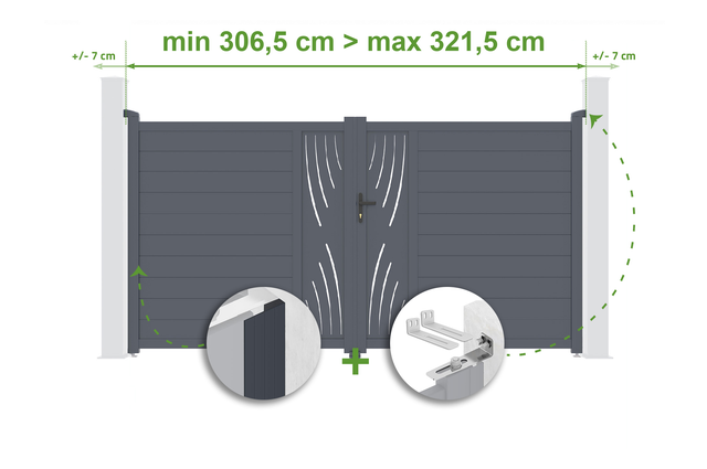 Portail battant ajustable en largeur 3m VELETA H.180cm alu gris