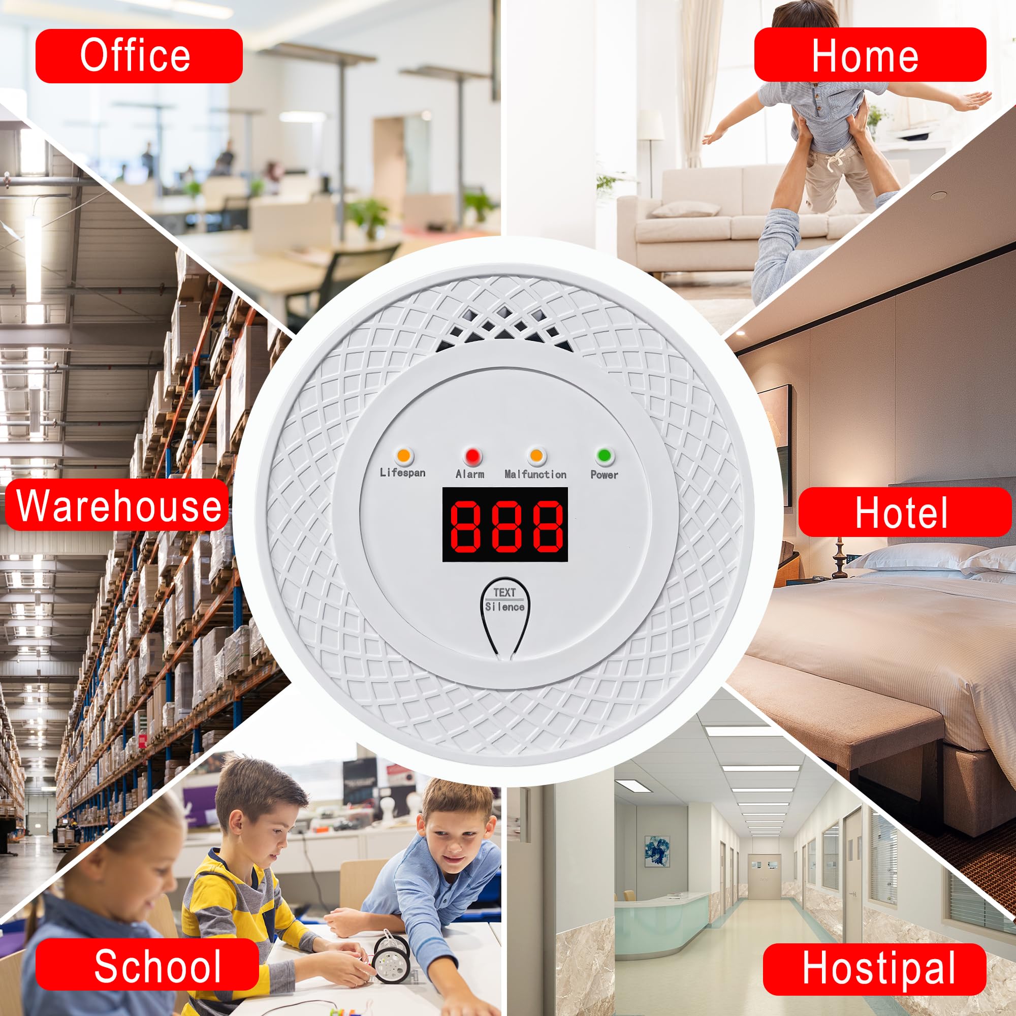 Detector de monóxido de carbono con pantalla LCD y alarma, funciona con pilas, 8,8 x 8,8 x 2,9 cm (pilas no incluidas). - 4