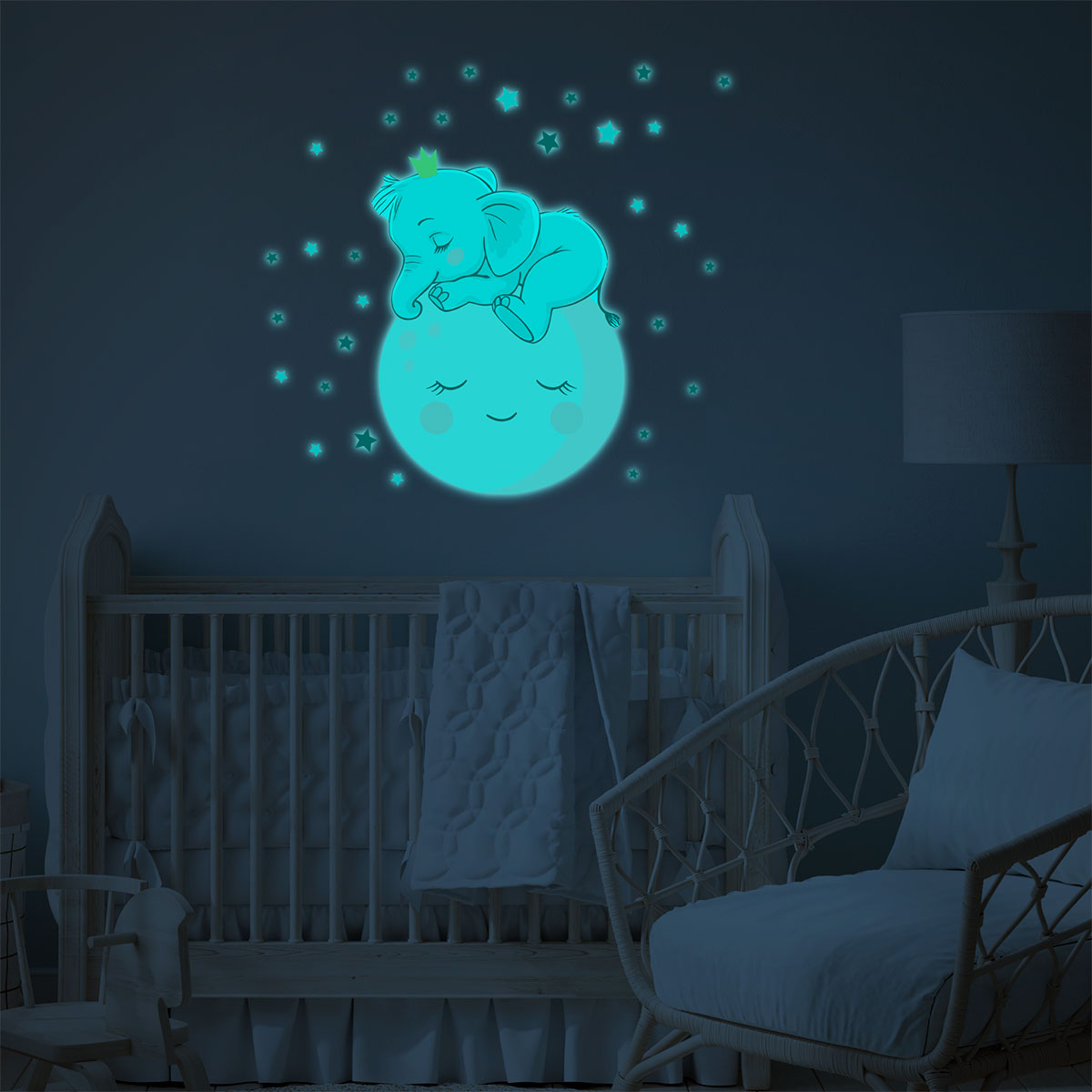 Adesivos fosforescente bambino elefantino sulla luna e 30 stelle - Sticker adesivo - adesivi murali - 125x90cm - 3