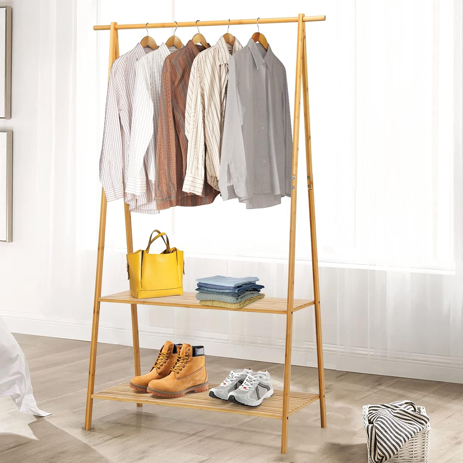 Penderie en Bambou,Porte-vêtements sur Pieds avec 2 Étagères,Tringle de Suspension,Dispositif Anti-basculement - 6