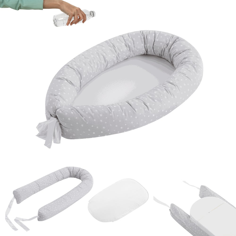 Cojín nido con base impermeable ☔ y desenfundable para bebé 100% algodón hipoalergénico. con certificado oeko-tex (moon amour gris)
