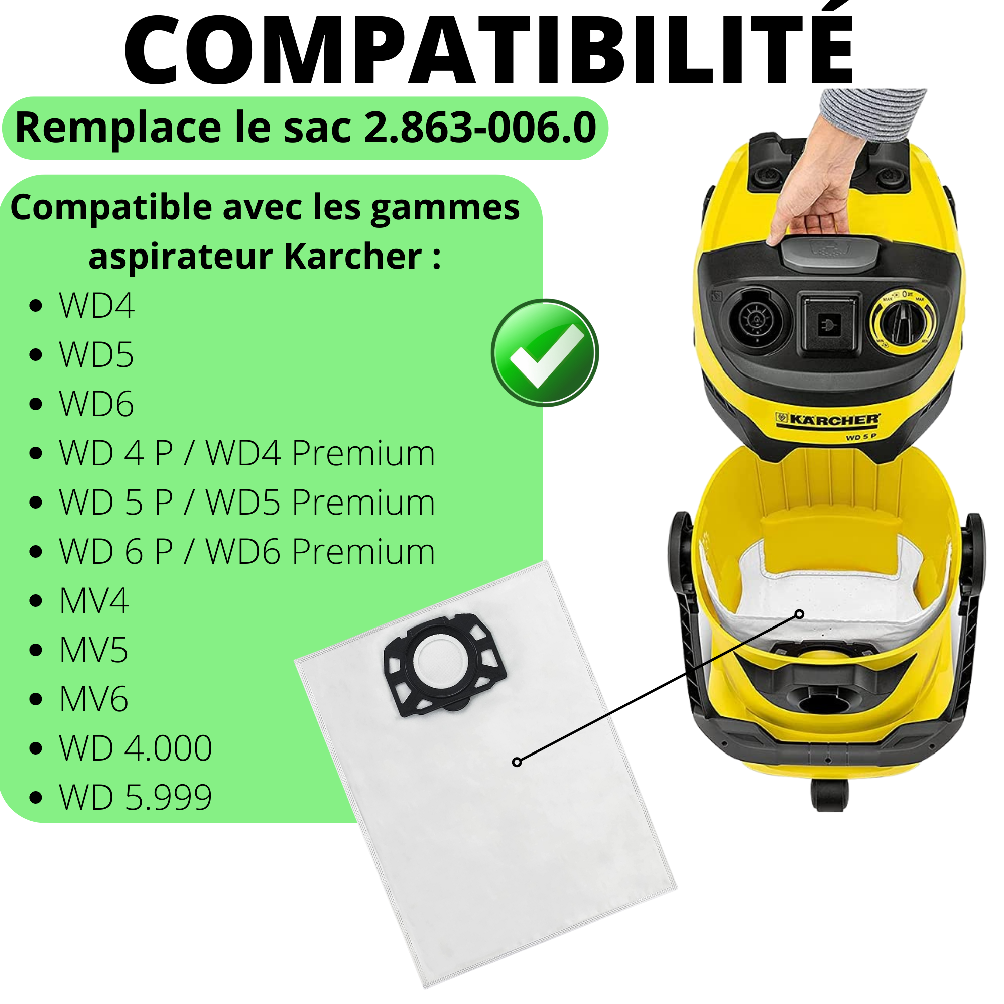 Lot Sacs aspirateur pour Karcher WD4 WD5 WD6 MV4 MV5 MV6 Sacs