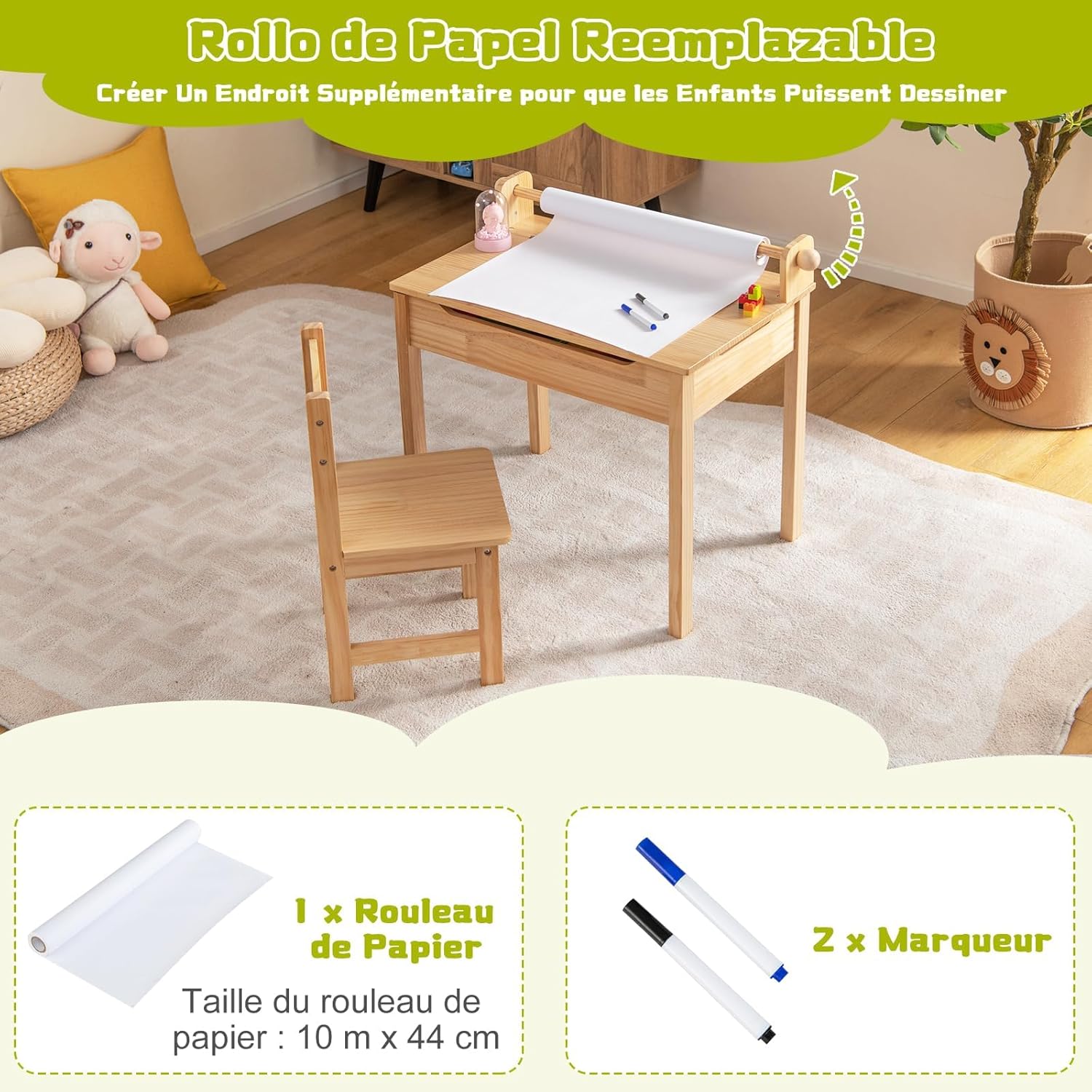 Table Enfant avec Chaise, Table a Dessin Enfant avec Rouleau du Papier, Bureau d’Écriture en Bois, Table Polyvalente pour Enfant 3+ Ans, (Naturel) - 7