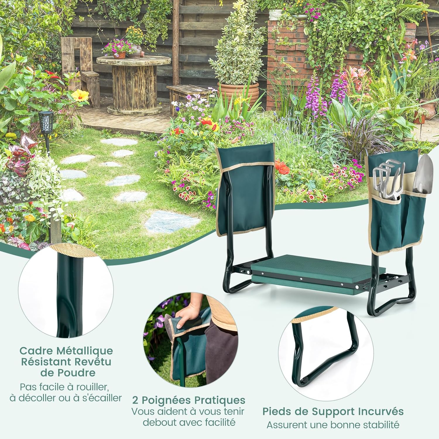 Tabouret de Jardinage Pliable avec Coussin EVA, Genouillère de Jardin, Cadre en Métal avec 2 Grande Pochette à Outils Charge 150KG - 5