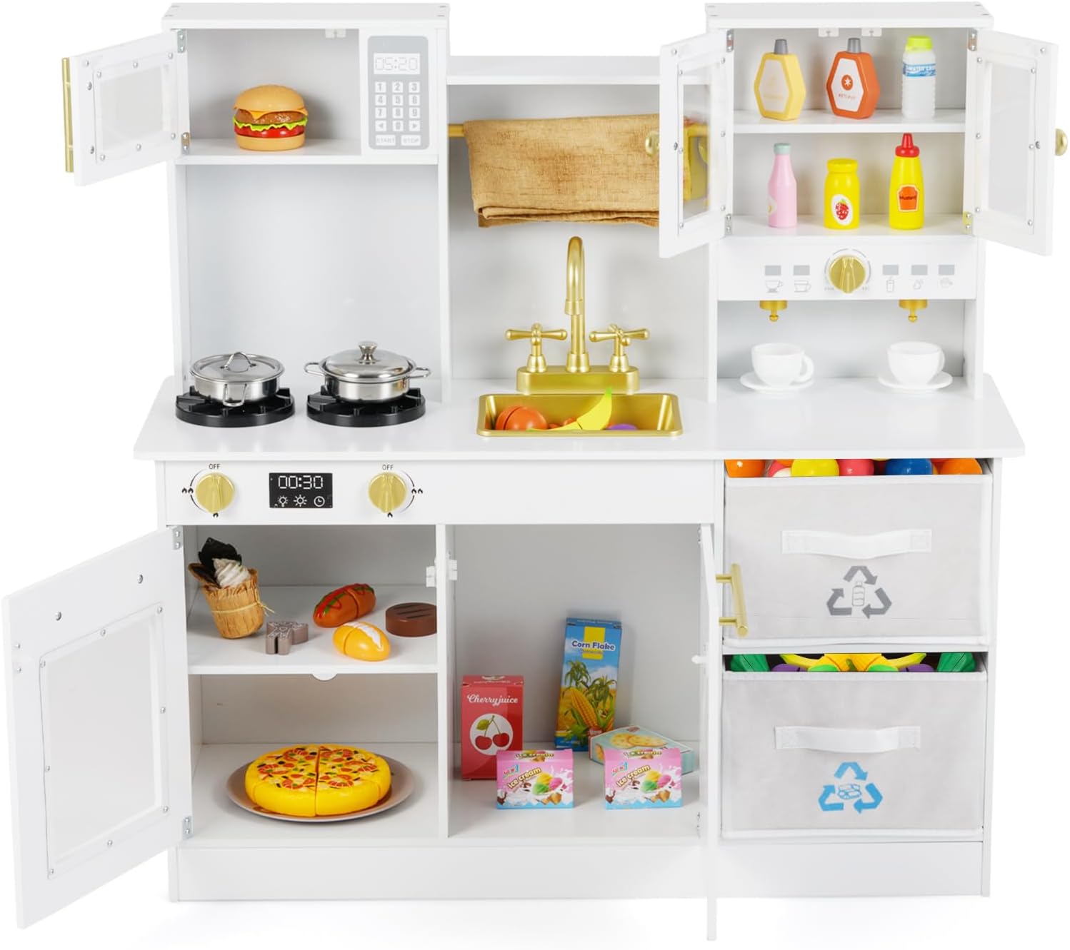 Kuchnia dla Dzieci z Dźwiękami, Gra Symulacyjna z Zlewem, Kranem, Kuchenką Mikrofalową, Ekspresem do Kawy, Kuchenką (Biała)