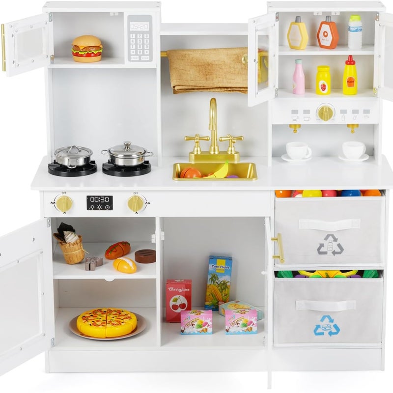 Kuchnia dla Dzieci z Dźwiękami, Gra Symulacyjna z Zlewem, Kranem, Kuchenką Mikrofalową, Ekspresem do Kawy, Kuchenką (Biała)