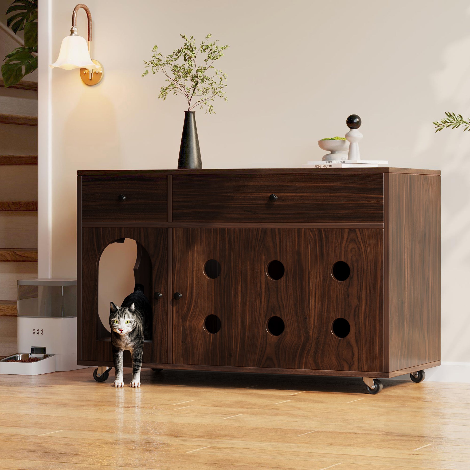 Caixa de areia móvel para gatos com 2 gavetas e 1 porta - 100 x 45 x 66 cm - MDF - Nogueira - 4