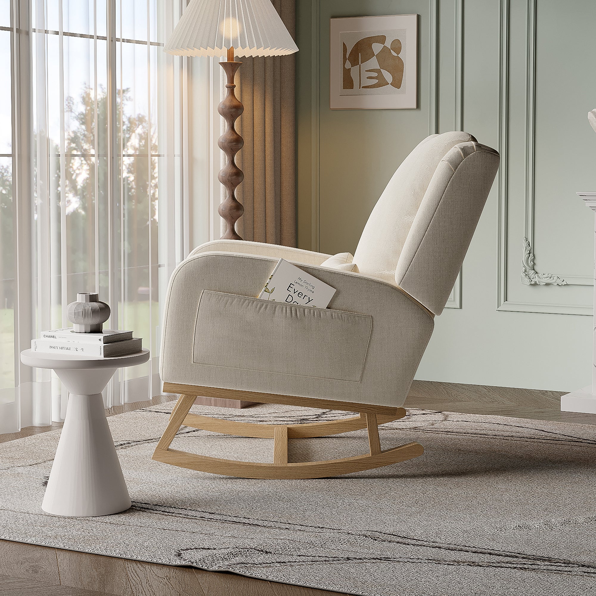 Rocking chair, avec poche latérale, dossier haut, coussin lombaire, accoudoirs, cadre en bois, fauteuil à bascule pour l'allaitement - Beige - 5
