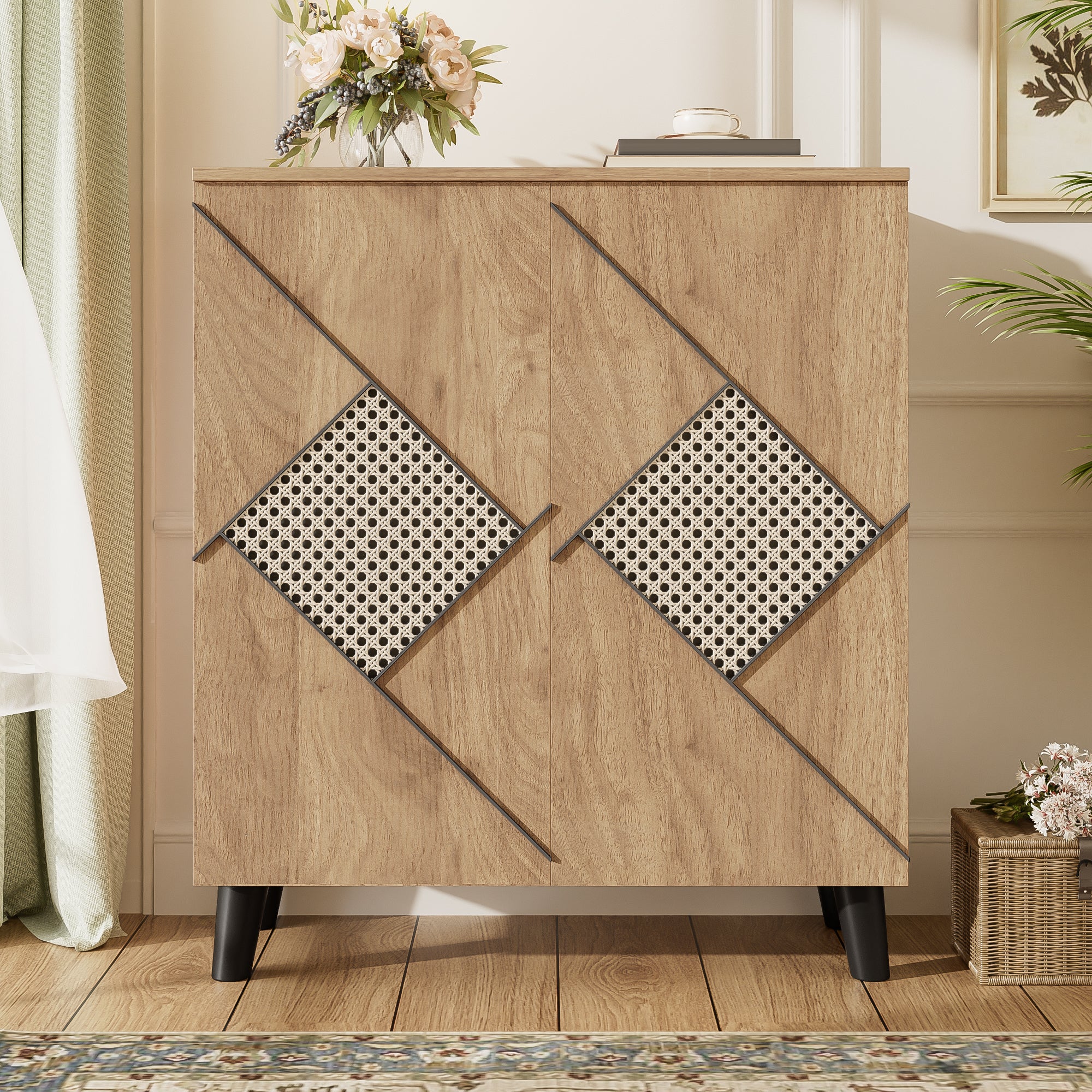 Szafka na buty z 2 drzwiami imitującymi rattan - 80 x 32 x 91 cm - Płyta wiórowa i nogi z tworzywa PVC - Kolor drewna - 4