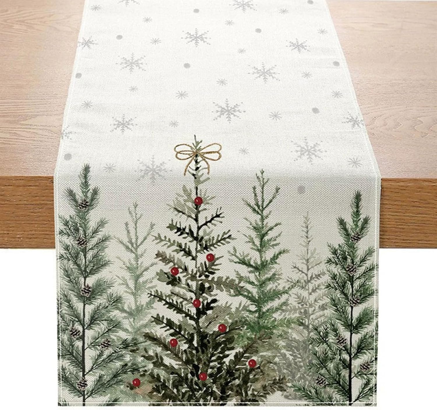 Bieżnik świąteczny z motywem sosny, śnieżynka, 33x183 cm, sezonowy zimowy lniany obrus z motywem płatka śniegu, do dekoracji świątecznych
