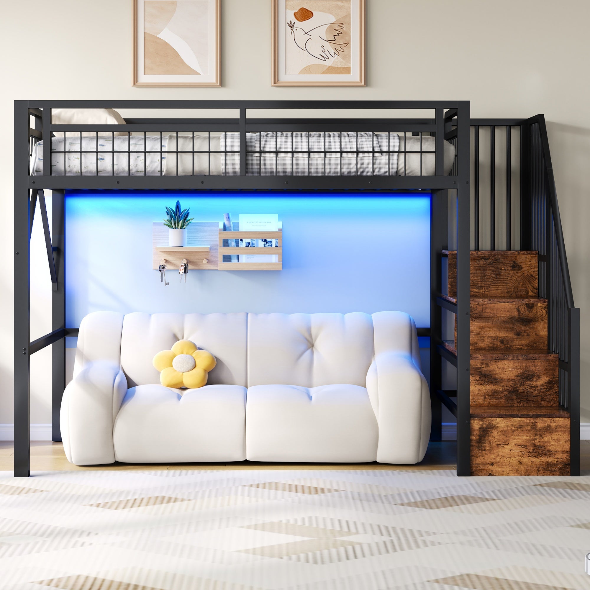 Łóżko piętrowe 90 x 200 cm z pojemnikiem - Rama żelazna - Diody LED - Czarne (Materac nie jest wliczony w cenę) - 8
