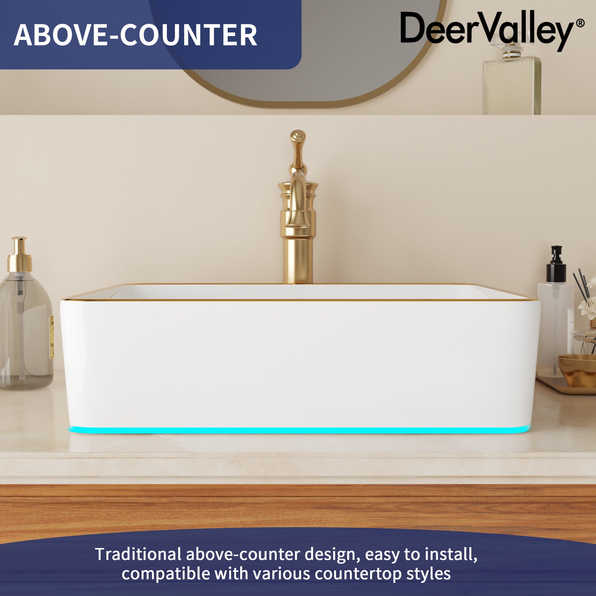 Vasque à poser rectangulaire en céramique Blanc avec des bords dorés 48 x 37 x 14cm – Pour salle de bain – DeerValley - 5