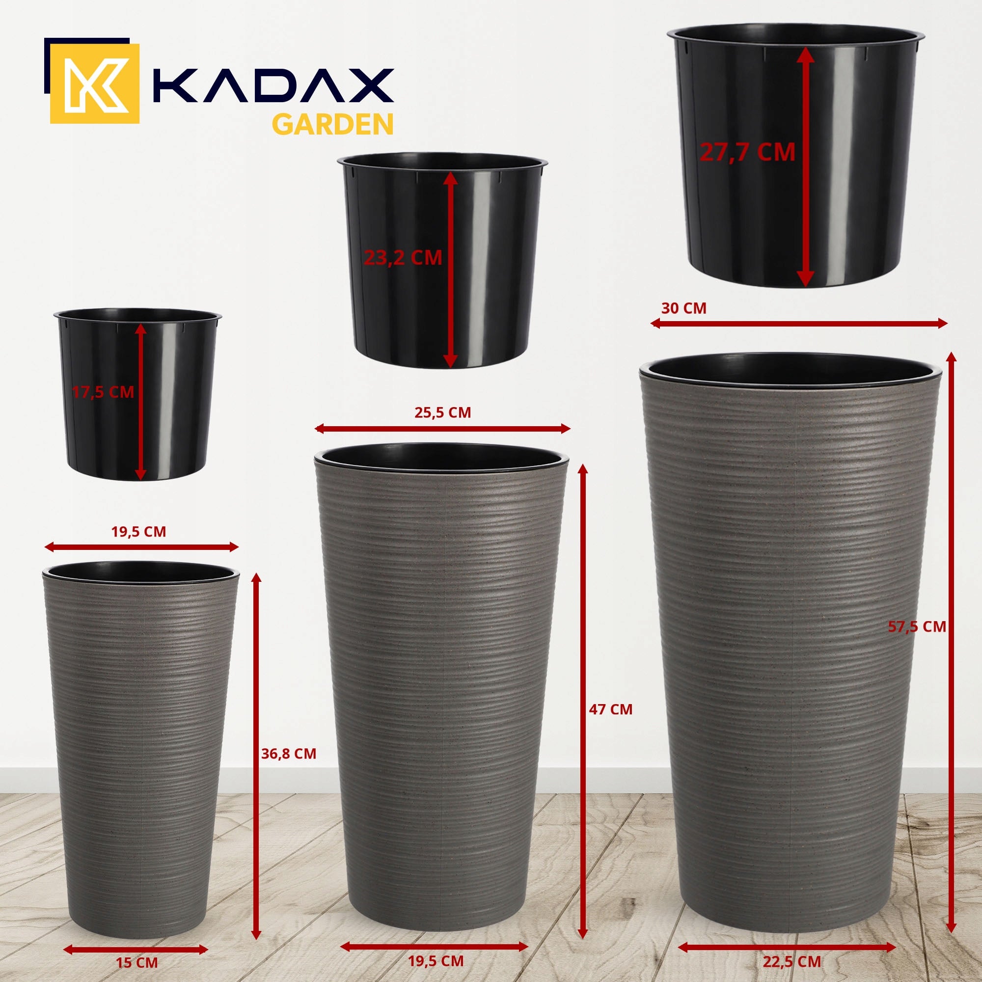 KADAX Conjunto de 3 vasos para flores, inserção para planta, suporte para flores, jardim grande cinza 57 cm - 2