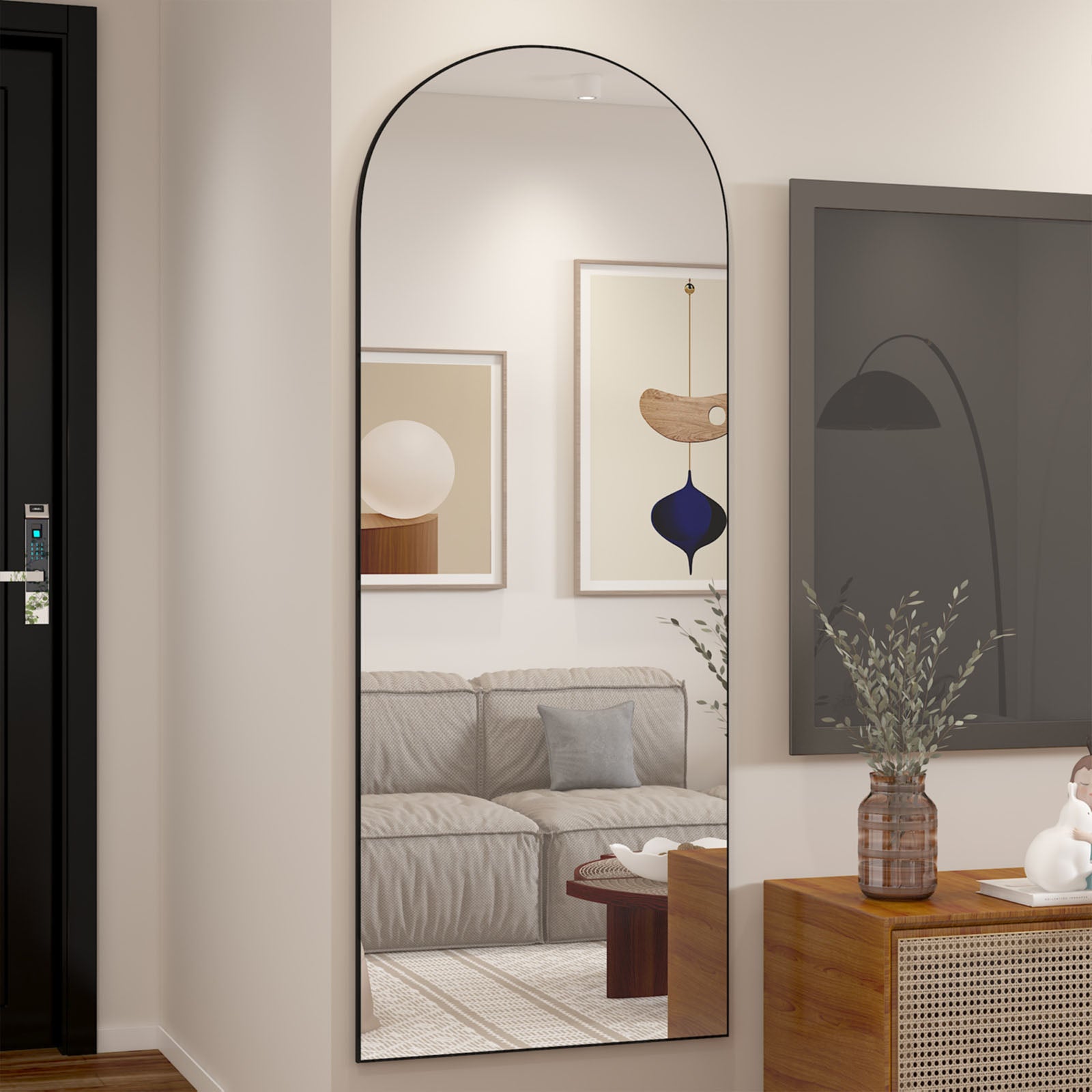 Miroir pleine longueur 162 x 53 cm, miroir de sol avec cadre en aluminium, miroir sur pied arqué lisse, noir - 4