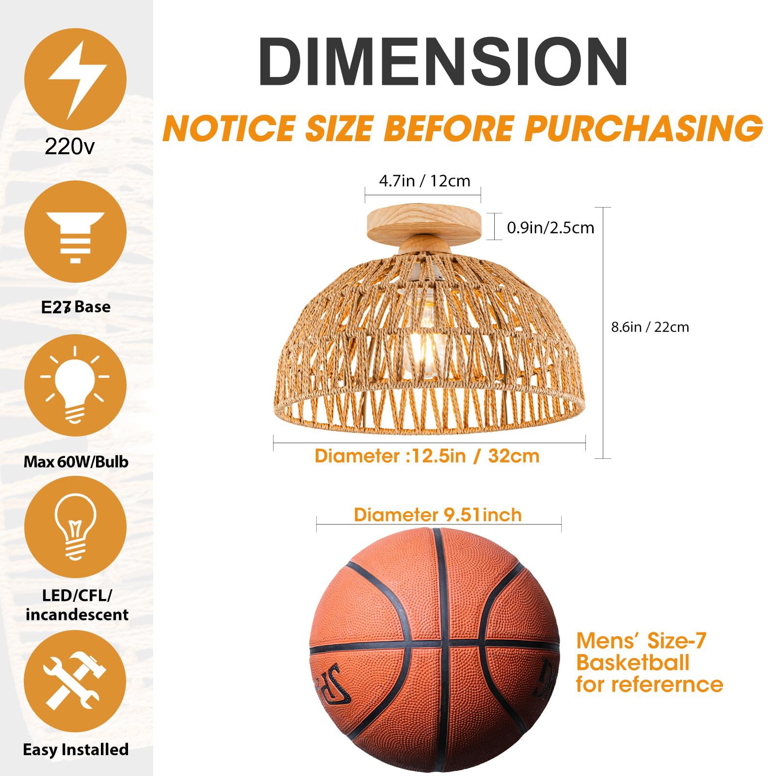 Lampa sufitowa z rattanu, żyrandol w stylu boho, ręcznie tkana lampa wisząca, żyrandol w stylu wabi-sabi do domu na wsi, sypialni, przedpokoju, holu - 4