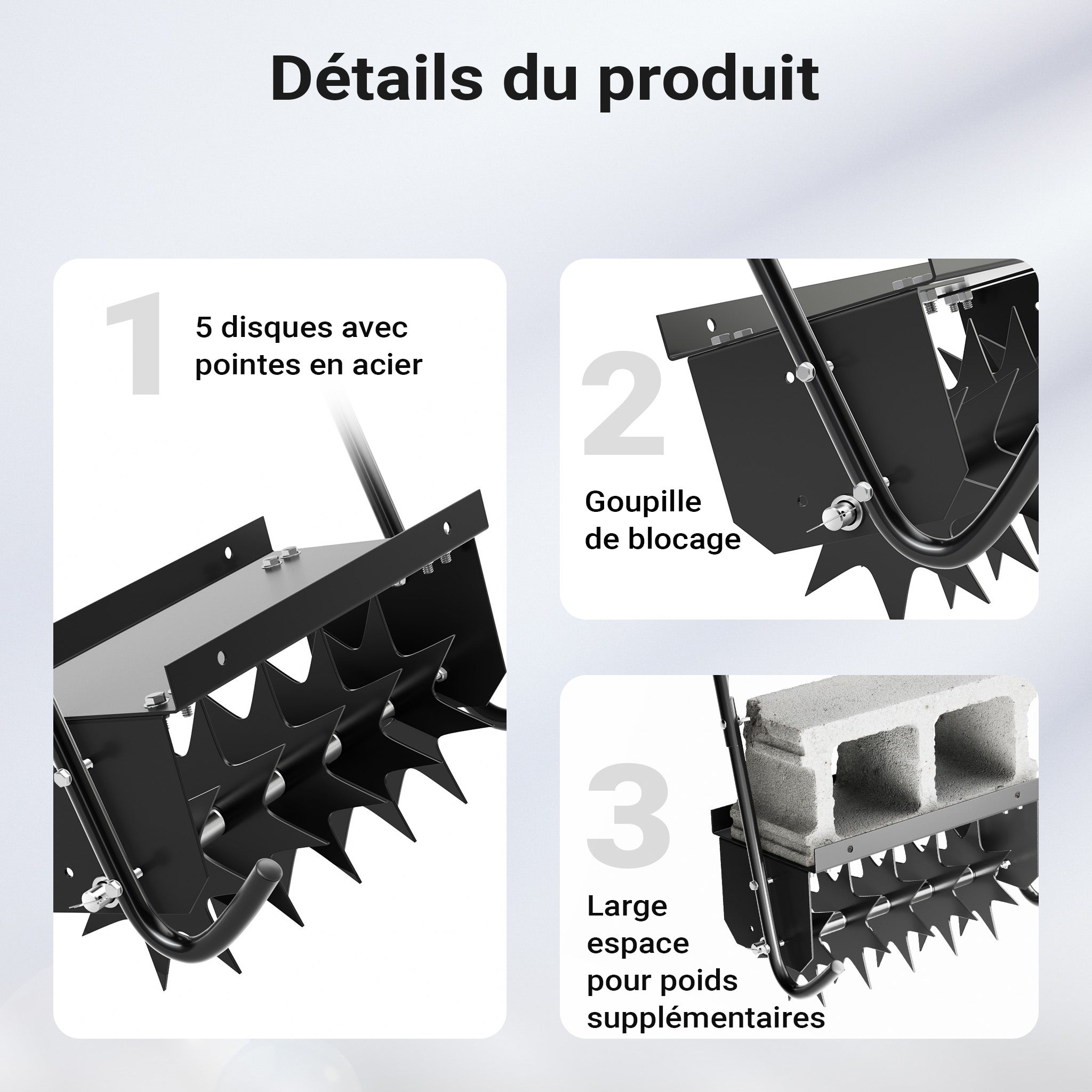 Aérateur de Gazon rotatif 5 pointes Noir Profondeur 2,5 pouces 44 x 20,3 x 100 cm 6,3 kg Lestage 15,8kg max. largeur de travail 16