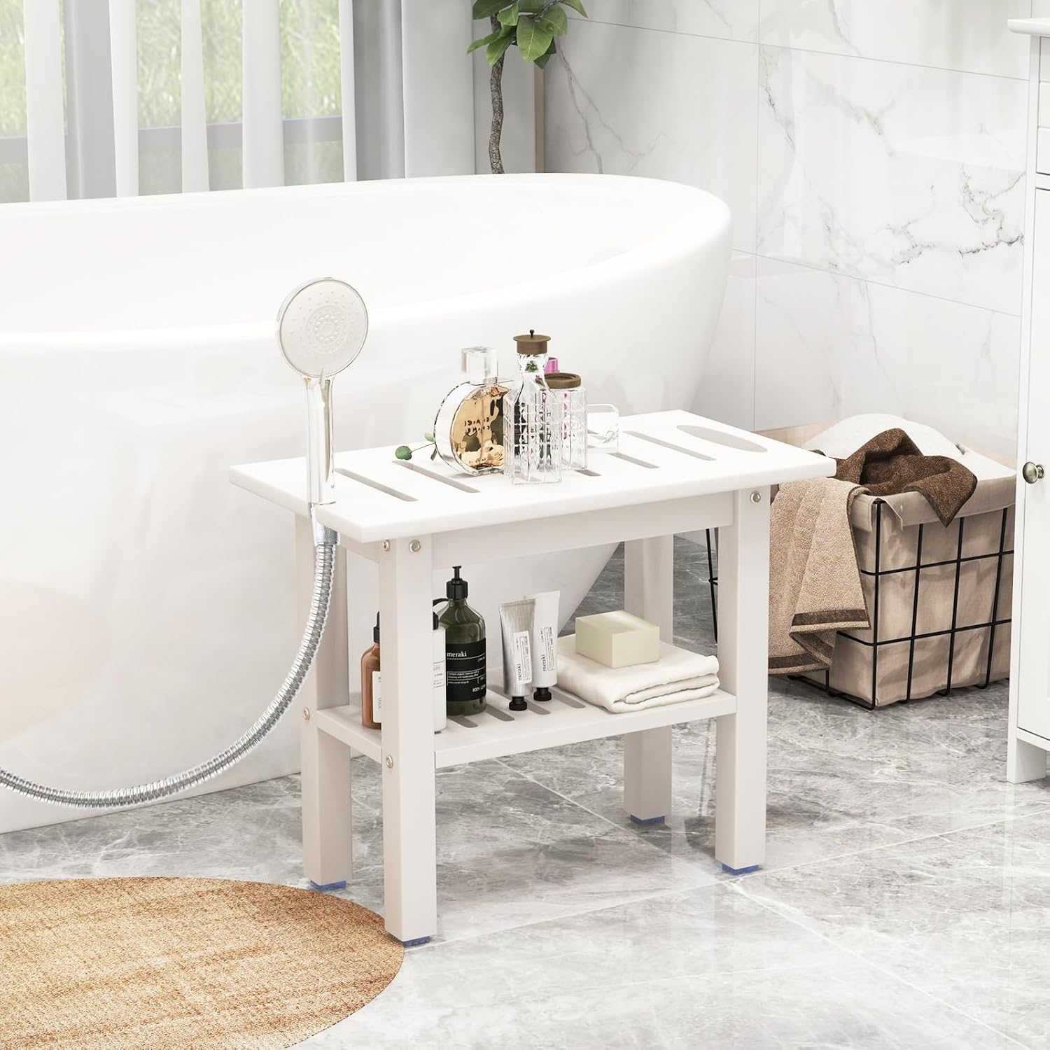 Tabouret Salle de Bain, Banc de Douche à 2 Niveaux en HDPE, Support de Douche, Poignée, Patins Antidérapants, 55 × 30 × 45 cm, Blanc - 2