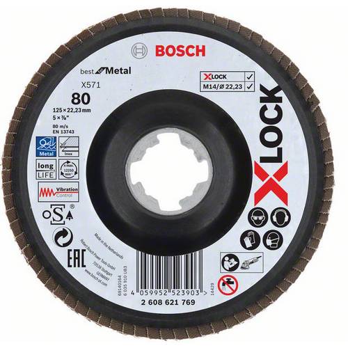 Bosch 1x Disco lamellare PRO X571 piccole, versione angolata, X-Lock (per Acciaio, Acciaio inossidabile, Ø 125 mm, Grano 80, Professional Accessorio