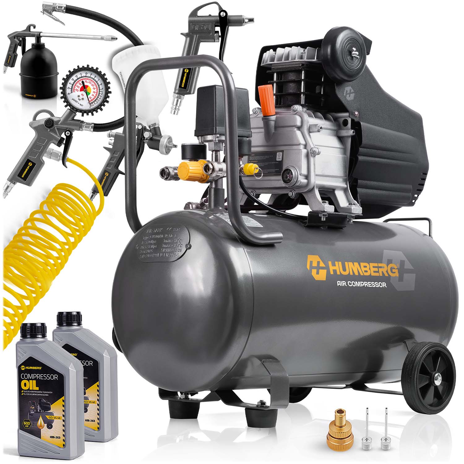 Kompresor sprężarka Humberg HM-255 samochodowy olejowy 50L solidny 8 Bar 11w1 zestaw
