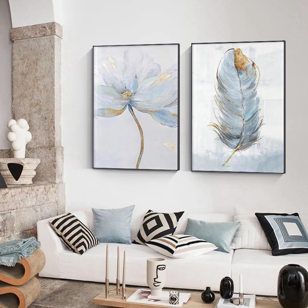 Lot de 3 affiches de plumes de style nordique avec fleurs bleues, images d'art mural, images décoratives, 30 x 40 cm – sans cadre - 4