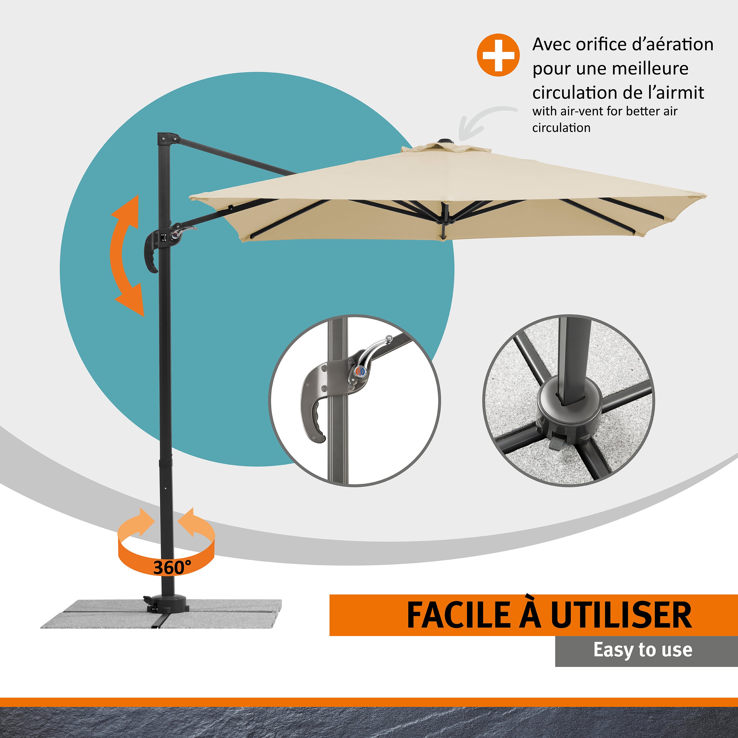 Parasol déporté Schneider Rhodos Junior naturel, 230 x 230 cm – rotatif 360°, avec housse - 4