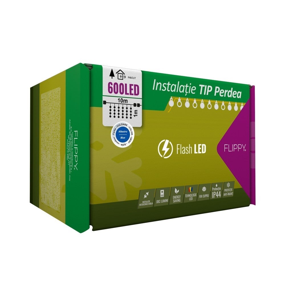 Instalatie Craciun perdea Flippy, 10 m, 600 LED-uri, albastru, IP44, cu flash