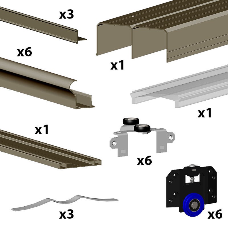Kit SLID'UP 280 aluminium anodisé bronze pour 3 portes de placard coulissantes 18 mm - rail 3 m - 50 kg - 2