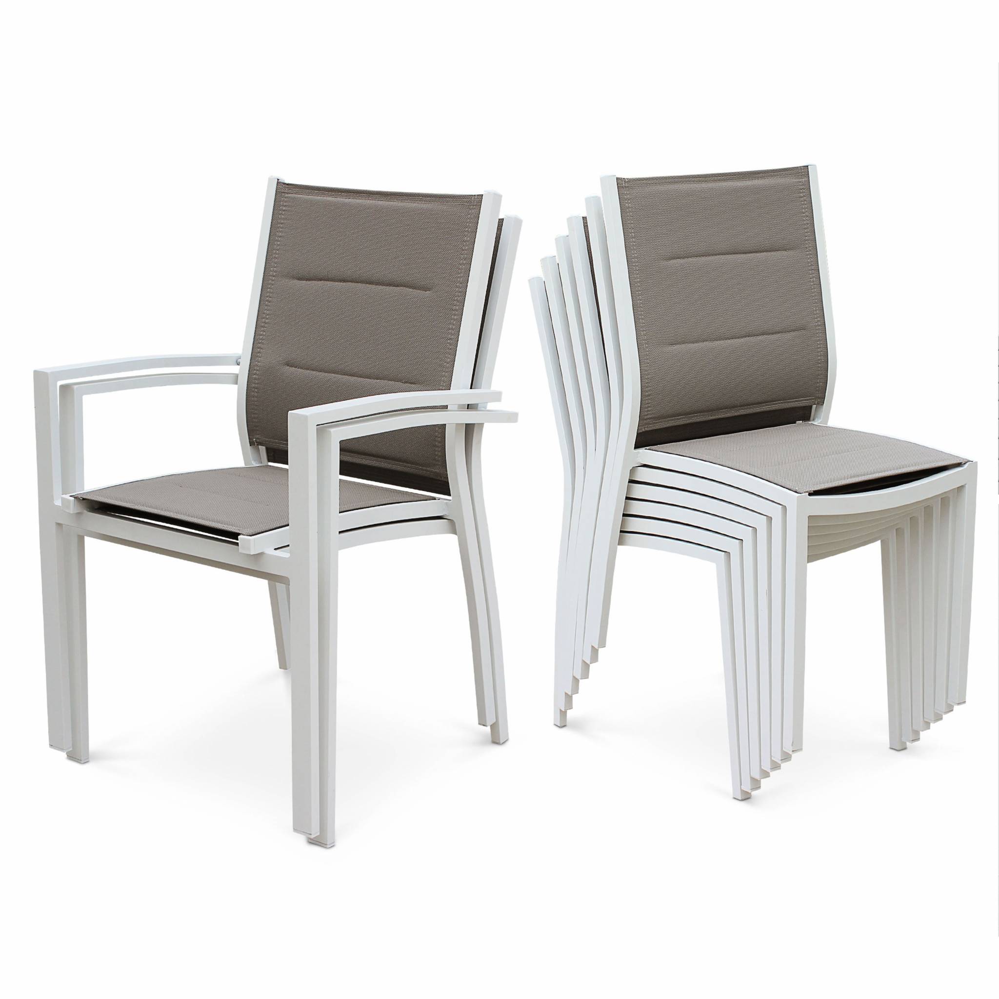 Table de jardin extensible aluminium + 8 assises - Chicago Blanc / Taupe - Table extensible 175/245cm avec rallonge et 8 assises en textilène - 7