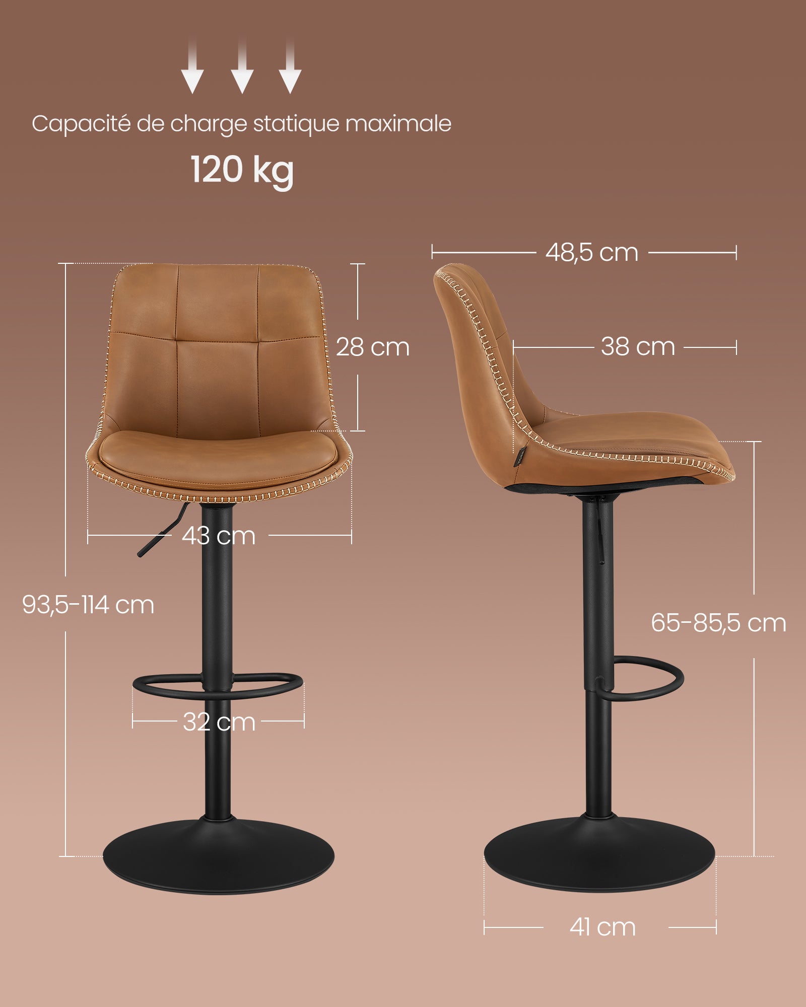 Tabourets de Bar, Lot de 2, Siège Pivotant à Hauteur Réglable, Matelassé, avec Dossier et Repose-Pieds, Marron Caramel - 5