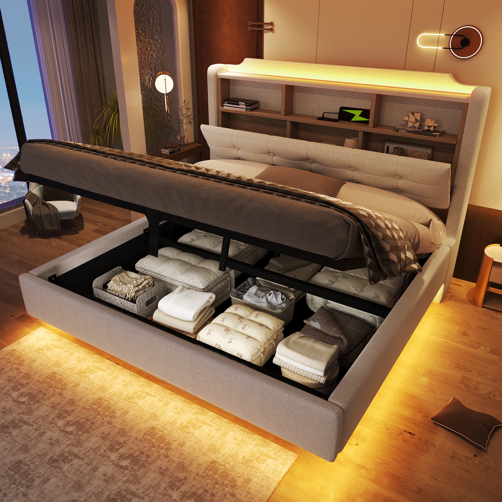 Łóżko tapicerowane ze schowkiem 140x200 cm - z oświetleniem LED - wyposażone w interfejs USB + Typ-C - tkanina lniana - beż - 4