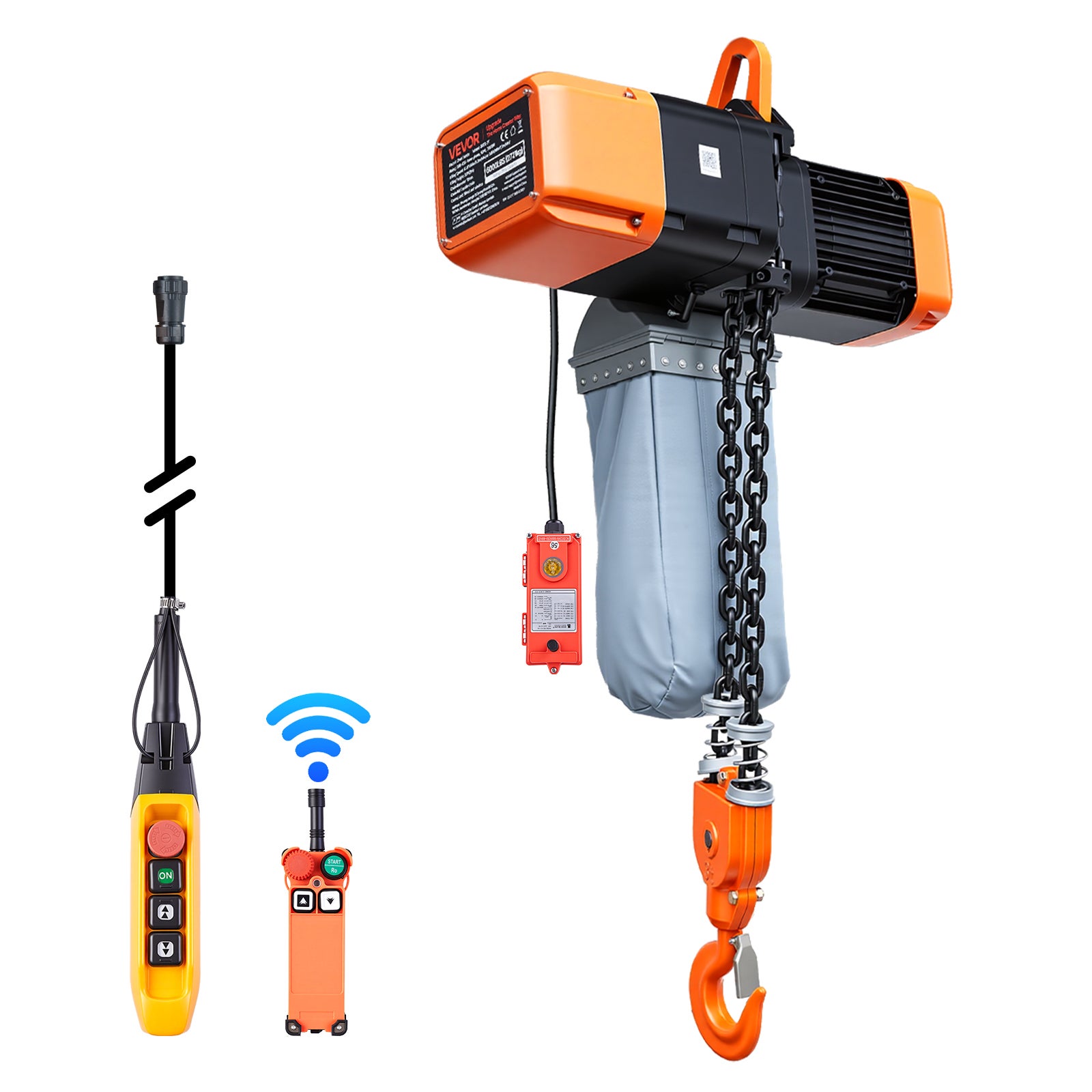 Palan electric cu lanț VEVOR capacitate 5000 kg, înălțime ridicare 9,1 m, trifazat, viteză dublă, telecomandă, construcție pentru sarcini grele