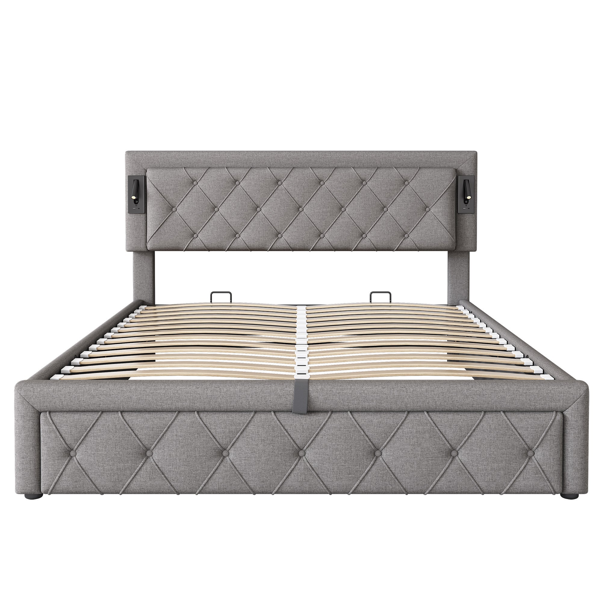 Cama contenedor de tela de lino 160x200 cm - con luz de lectura y toma USB - con somier - Gris - 6