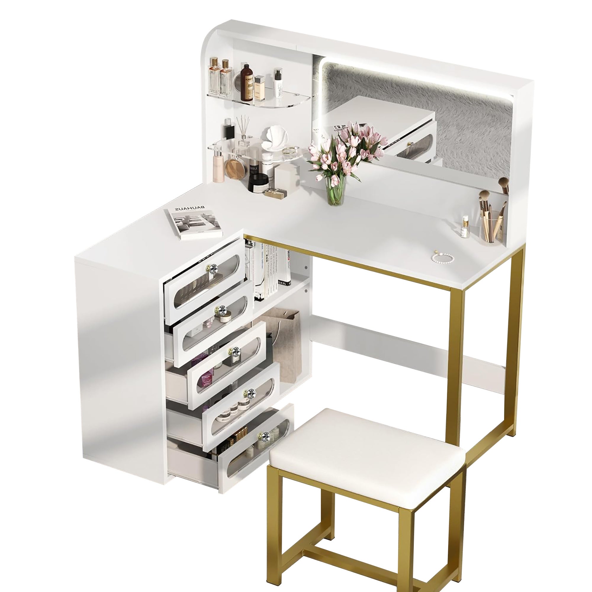 Coiffeuse d'angle en forme de L - 1 tabouret rembourré - Miroir LED 3 couleurs - 5 tiroirs et 4 compartiments - Structure en métal renforcé - Blanc - 7