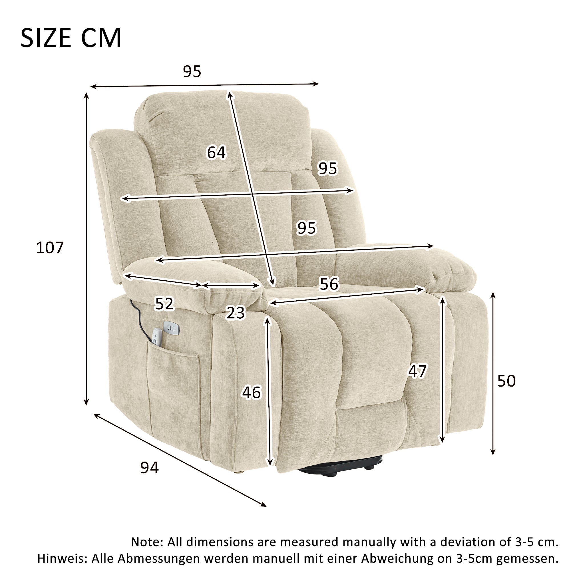 Fauteuil de massage électrique inclinable avec massage 8 points et fonction chauffante - 95 x 94 x 107 cm - Prise USB - Tissu en chenille - Beige - 6