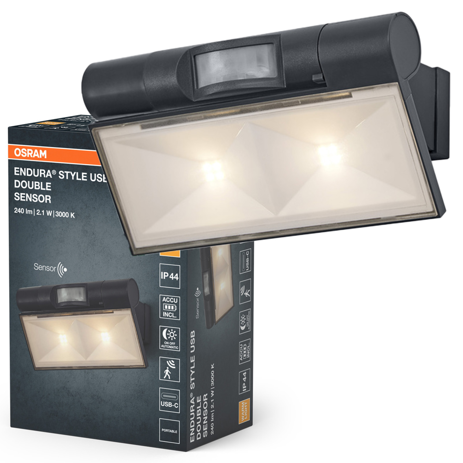 Reflektor Ogrodowy Osram Lampa Elewacyjna Zewnętrzna LED z Czujnikiem Ruchu i Zmierzchu 2.1W 180lm 3000K Ciepła biel Szary IP44 1 szt.