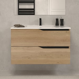Meuble de salle de bain 80cm simple vasque - sans miroir - 2 tiroirs - madera miel (bois clair) - LUNA