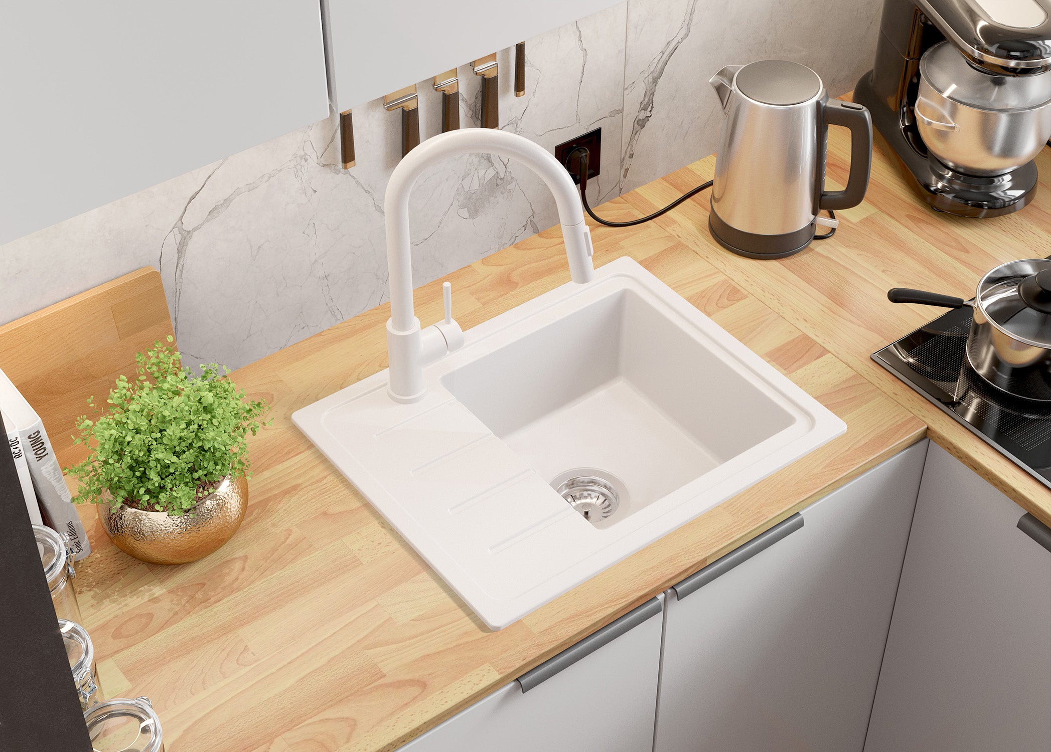 Evier Cuisine en Granit Tout Blanc 55x44cm, Lavabo 1 bac + Kit de Vidage + Accessoire, Évier à Encastrer au meuble 45cm - Copenhague Easy PRIMAGRAN - 3
