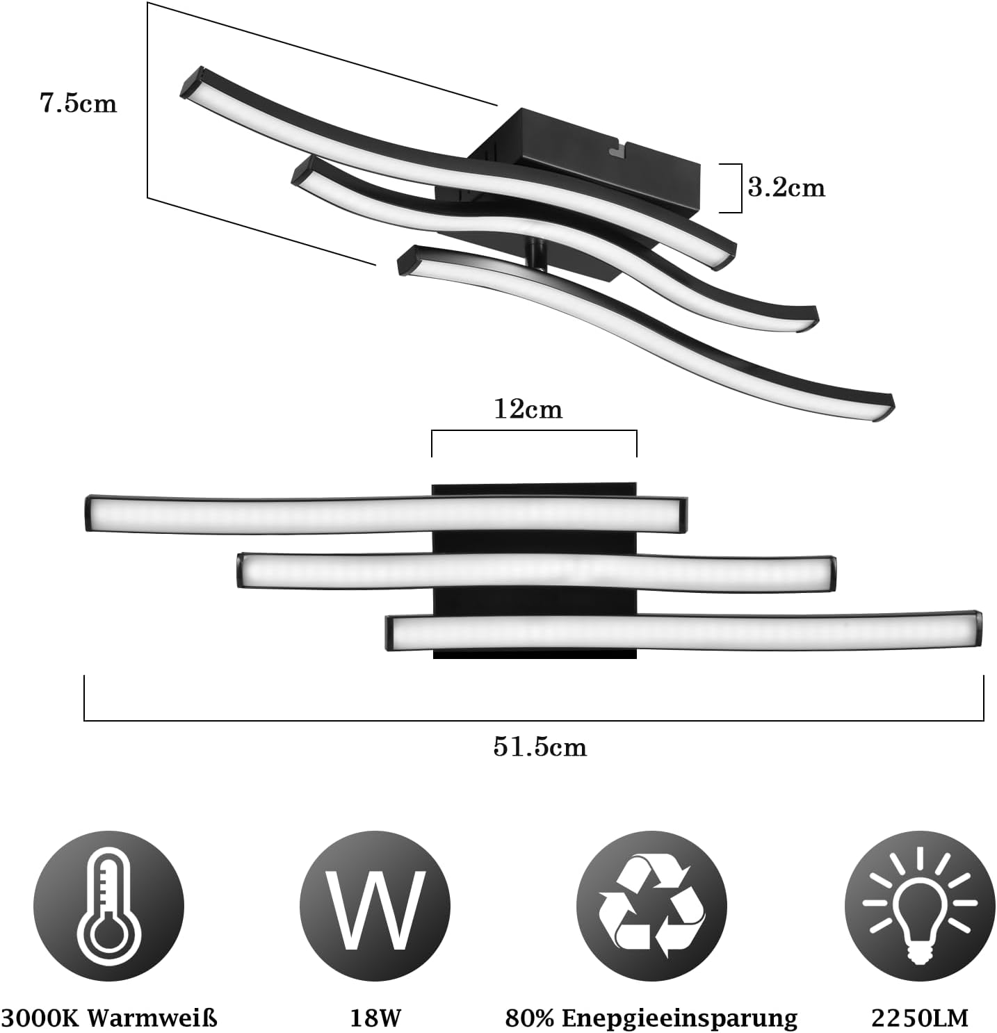 ZMH Lampa sufitowa LED 18W nowoczesna czarna o falistym kształcie do kuchni, salonu i przedpokoju - 3