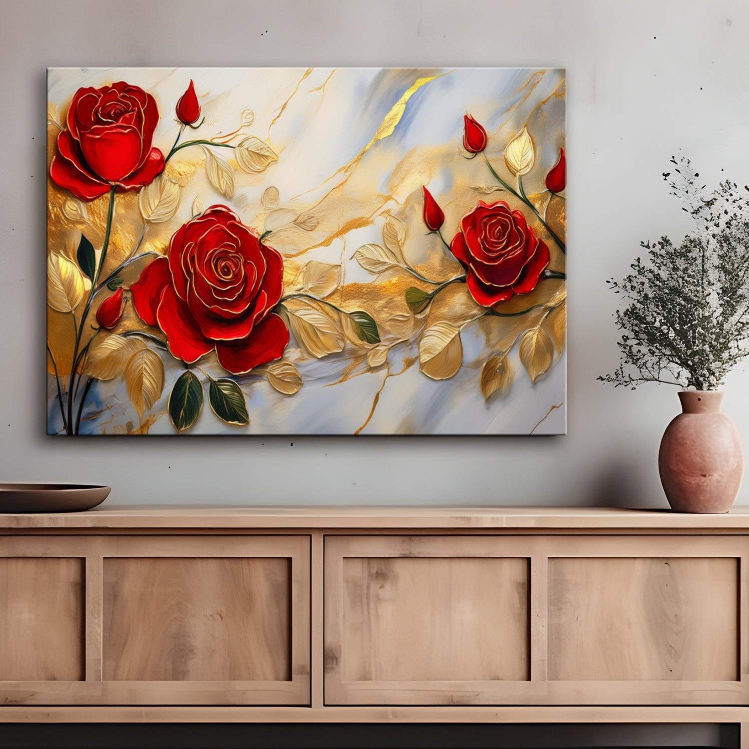 Obraz na płótnie, Róże Złoto Kwiaty Marmurowe tło 120x80