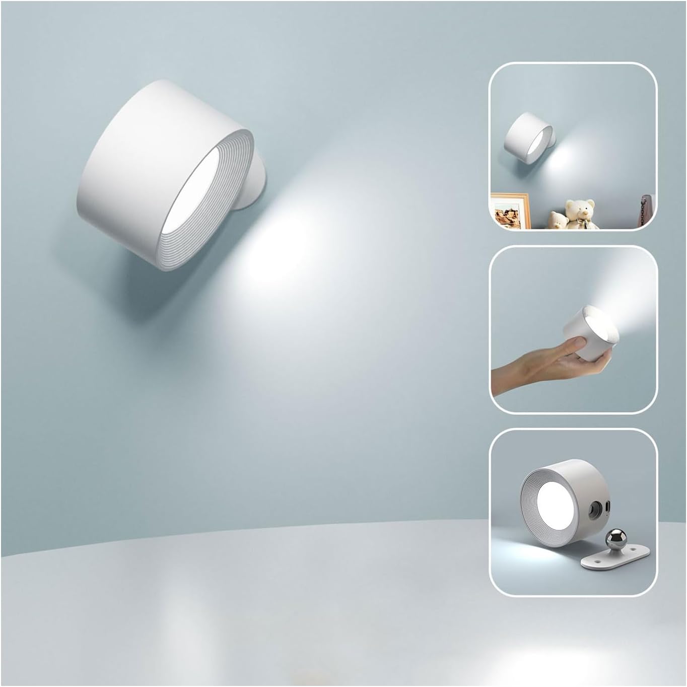 Kinkiet wewnętrzny, Lampa ścienna LED dotykowa z portem ładowania USB, Sterowanie dotykowe, 3 poziomy jasności, 3 temperatury obrotowe 360° Lampa