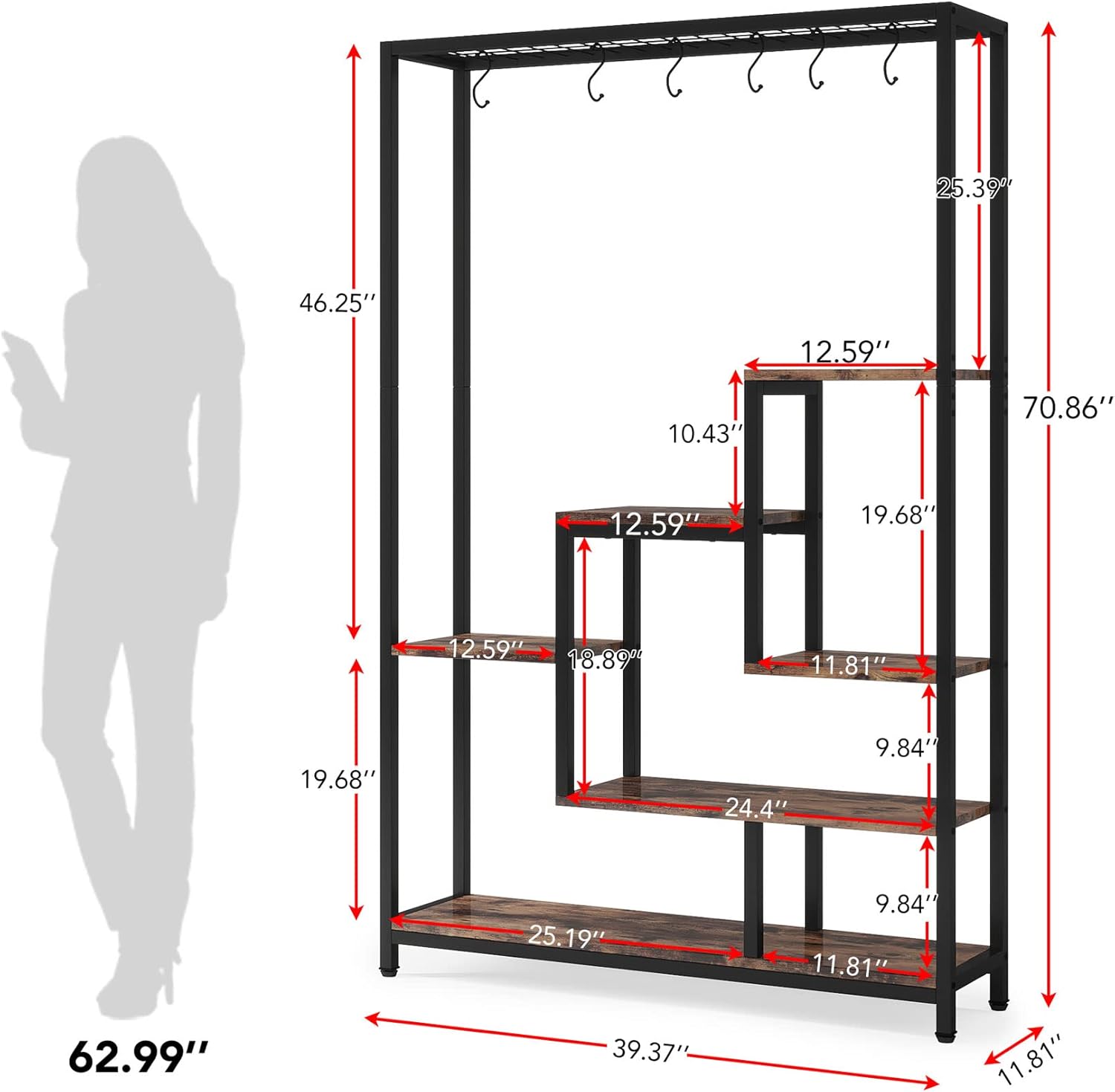Tribesigns Support pour plantes d'intérieur à 5 niveaux - Grande étagère en métal de 180,1 cm avec 10 crochets de suspension en S - Multifonction - 8