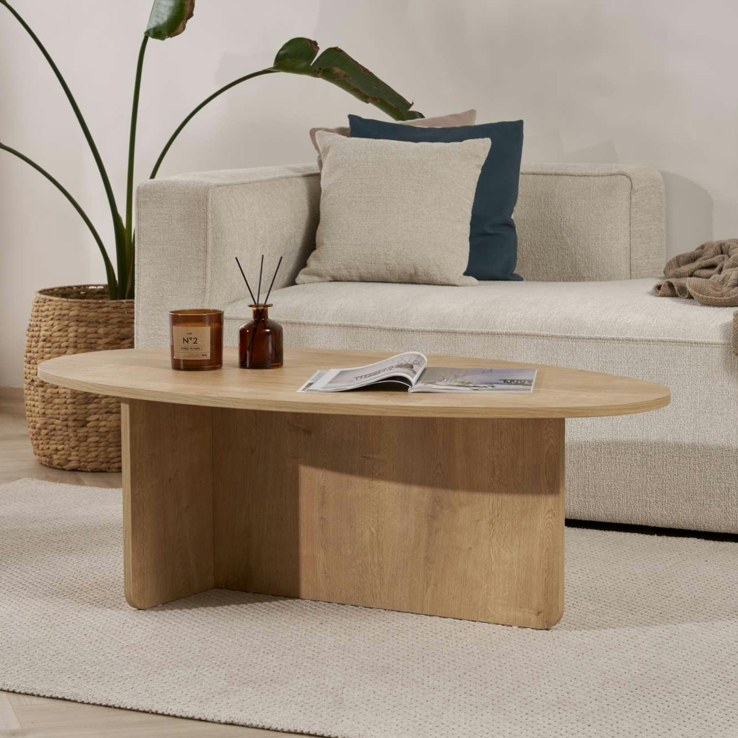 Table basse moderne ovale effet bois clair – pied en T MARFA - 2