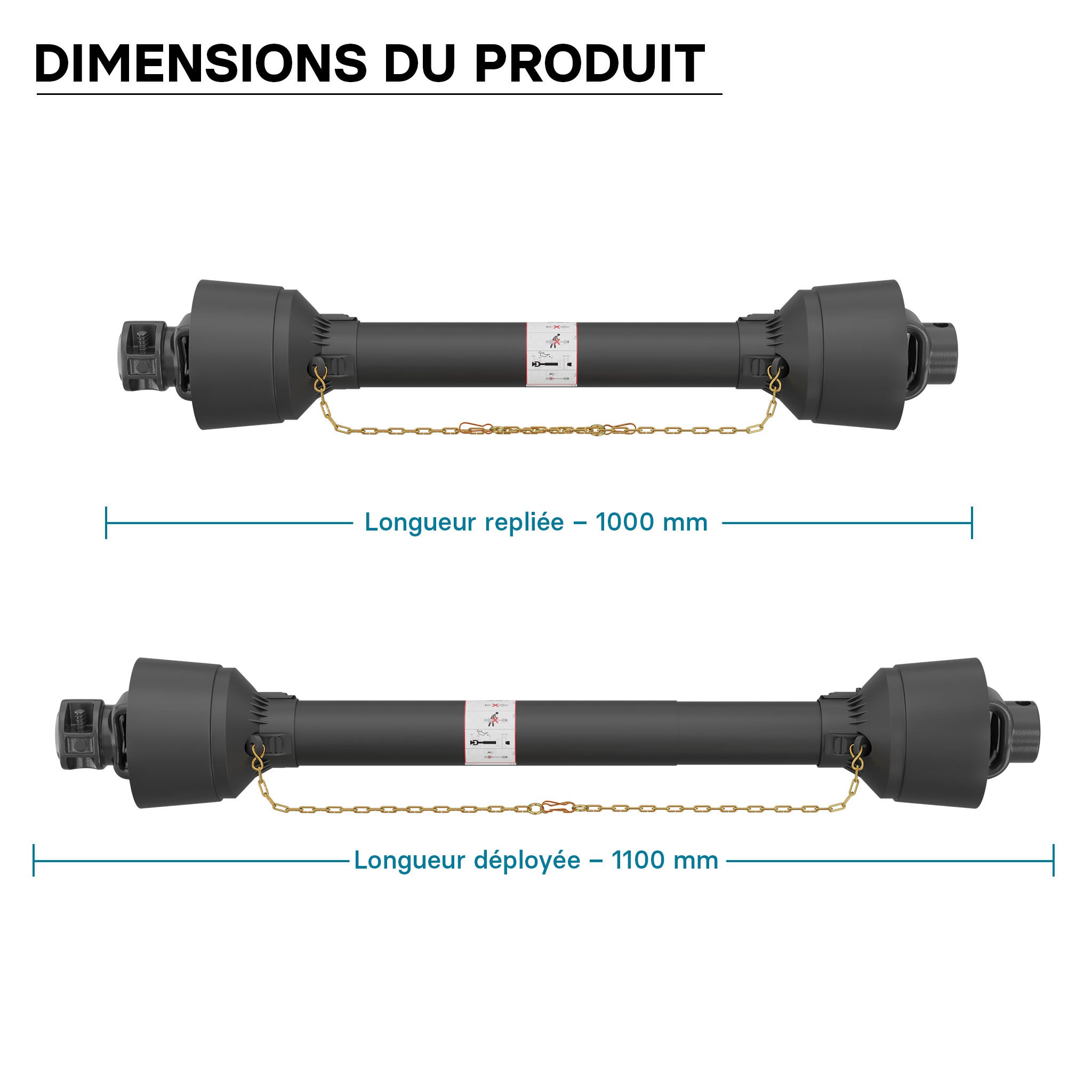 Arbre Transmission T6 Cardan 1000-1100mm 830Nm 540 tr/min 74kW (100CV) 2x 1 3/8
