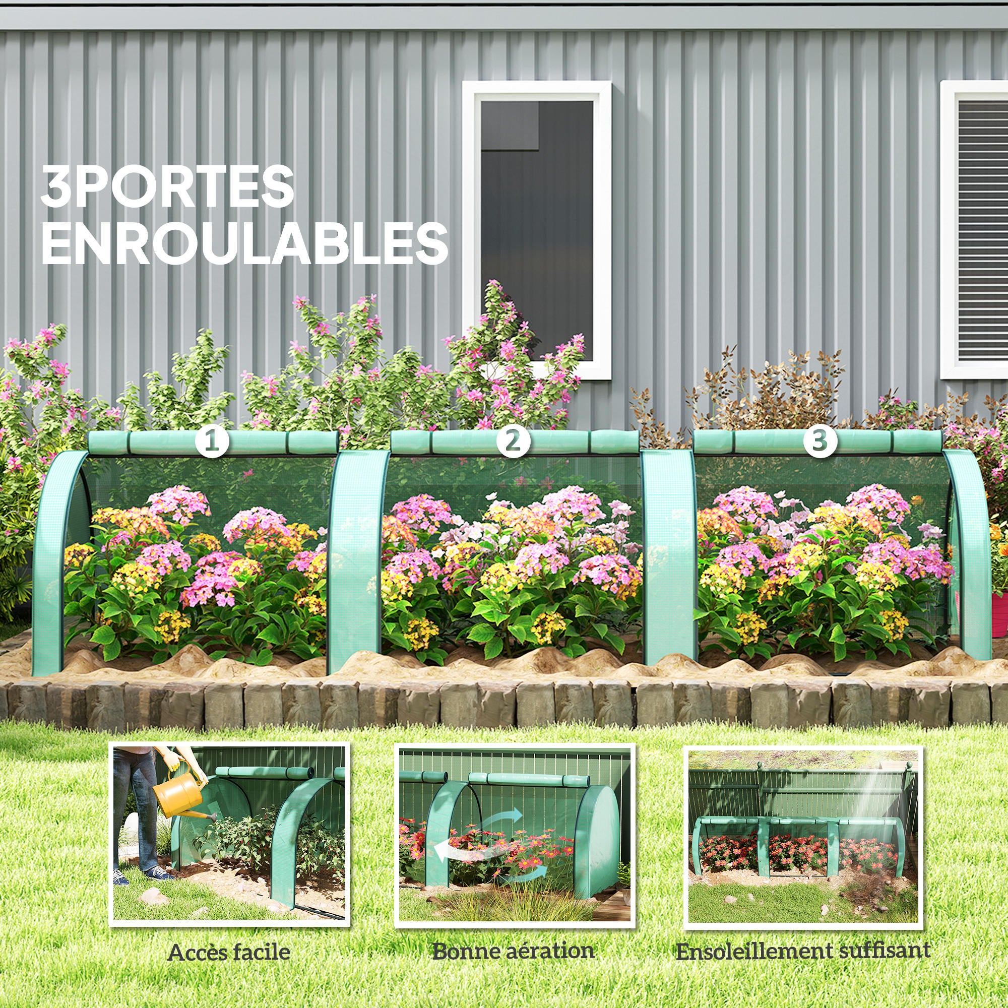 Mini Serre de Jardin tunnel - Outsunny - 3,5 x 1 x 0,8 m - Acier PE Haute densité 140 g/m² - 3 portes nroulables - vert - 6