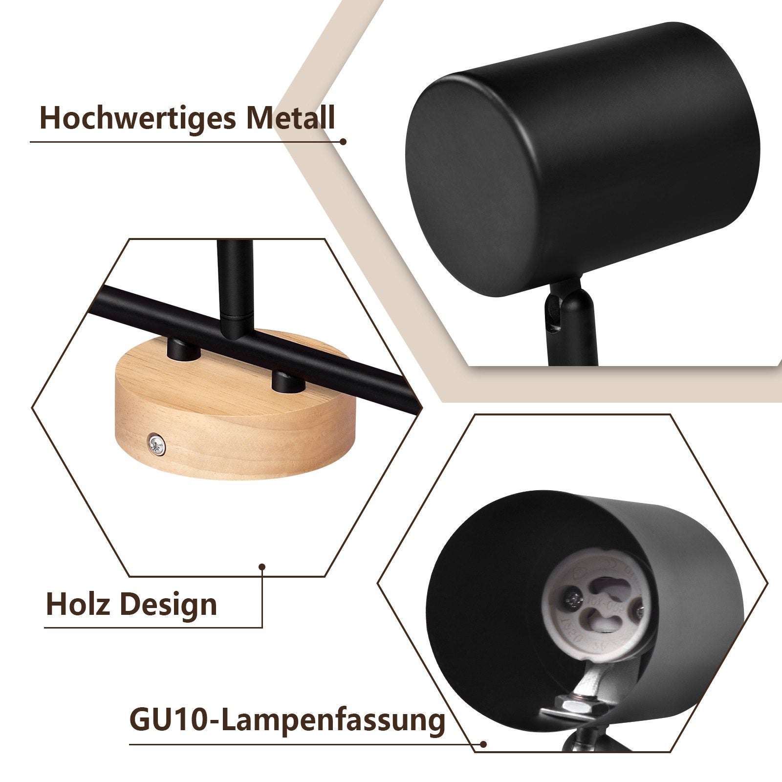 NETTLIFE Plafón LED de 3 llama - Plafón GU10 negro Foco giratorio Aplique de madera Foco de pared para salón dormitorio Sin bombilla - 3